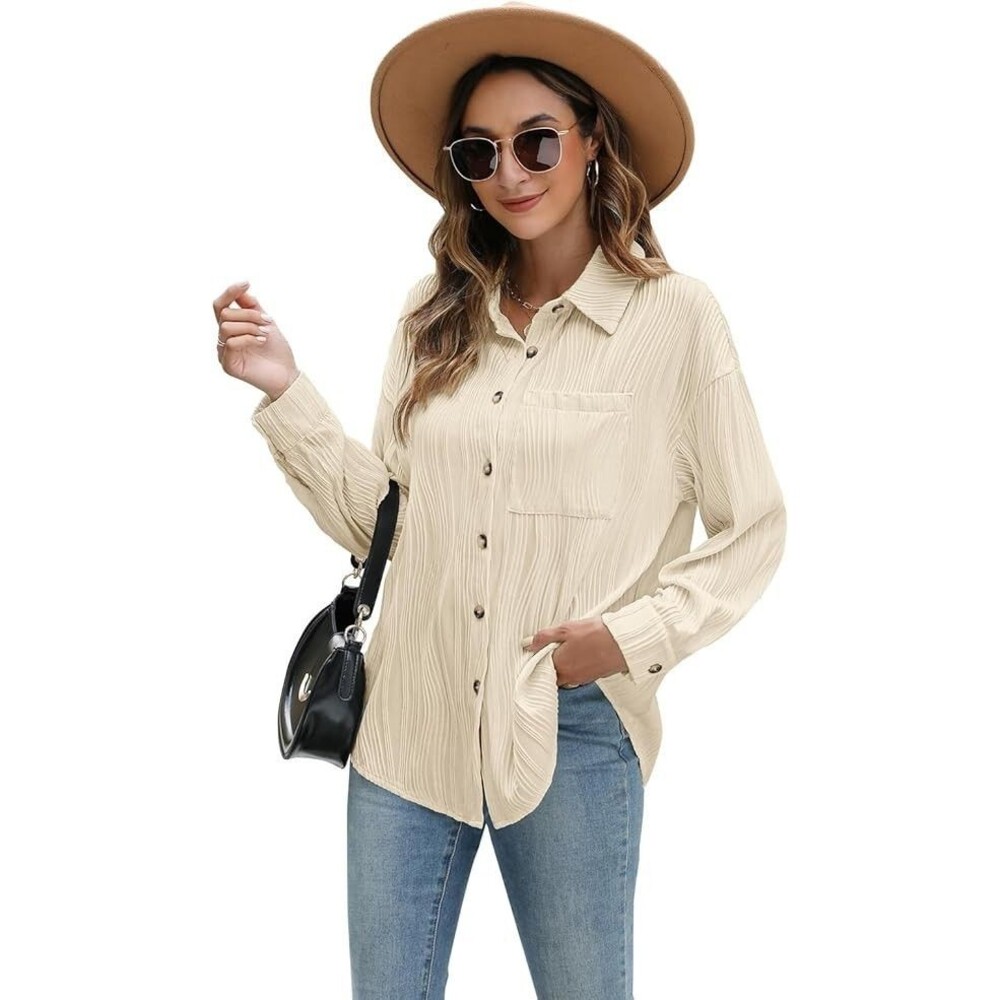 Teepie Womens Button Blouse Size L Ribbed with Pocket lapel V-neck - Picture 2 of 12